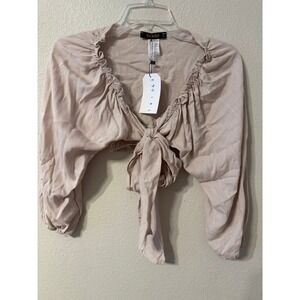 CAMEO USA Ruched Tie Front Long Sleeve Crop Top Beige M